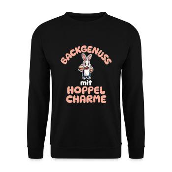 Backgenuss mit Hoppelcharme - Kaninchen backen - Unisex Pullover - Schwarz - Vorne - Alina (178cm) & Michal (187cm)