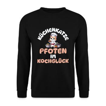 Küchenkatze - Pfoten im Kochglück - Katze kochen - Unisex Pullover - Schwarz - Vorne - Alina (178cm) & Michal (187cm)
