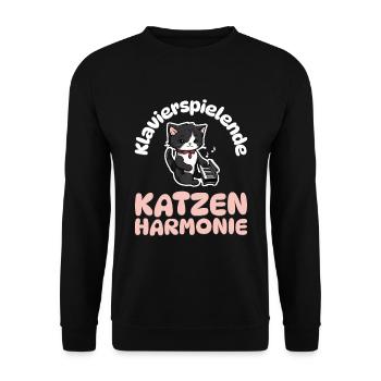 Klavierspielende Katzenharmonie - Katzen Klavier - Unisex Pullover - Schwarz - Vorne - Alina (178cm) & Michal (187cm)