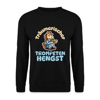 Träumerischer Trompeten Hengst - Pferde Trompete - Unisex Pullover - Schwarz - Vorne - Alina (178cm) & Michal (187cm)