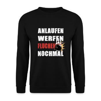 Anlaufen Werfen Fluchen Nochmal Bowling Kegeln - Unisex Pullover - Schwarz - Vorne - Alina (178cm) & Michal (187cm)