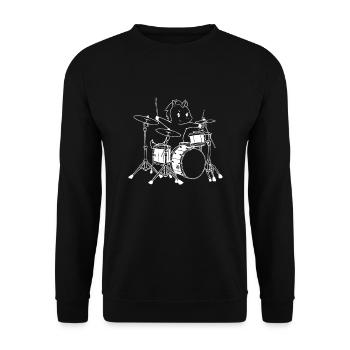Drummer Einhorn - Einhorn liebt Schlagzeug - Unisex Pullover - Schwarz - Vorne - Alina (178cm) & Michal (187cm)