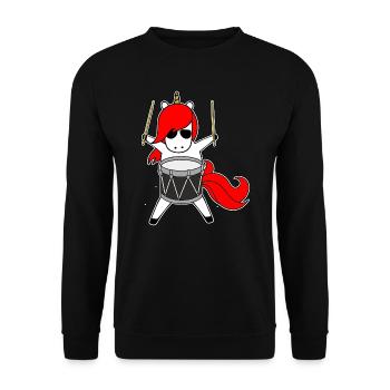 Drummer Einhorn - Einhorn liebt Schlagzeug - Unisex Pullover - Schwarz - Vorne - Alina (178cm) & Michal (187cm)