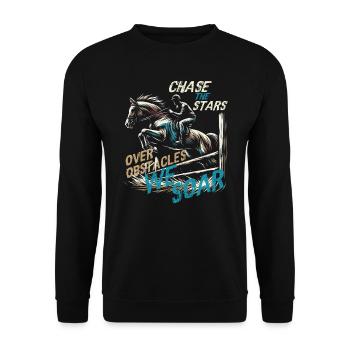 JAGEN SIE DIE STERNE ÜBER HINDERNISSE WIR SCHWEBEN, REITER - Unisex Pullover - Schwarz - Vorne - Alina (178cm) & Michal (187cm)