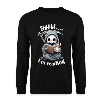 Sensenmann liest ein Buch mit Kaffee - Unisex Pullover - Schwarz - Vorne - Alina (178cm) & Michal (187cm)