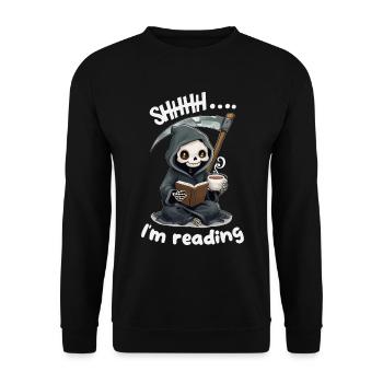 Sensenmann liest ein Buch mit Kaffee - Unisex Pullover - Schwarz - Vorne - Alina (178cm) & Michal (187cm)