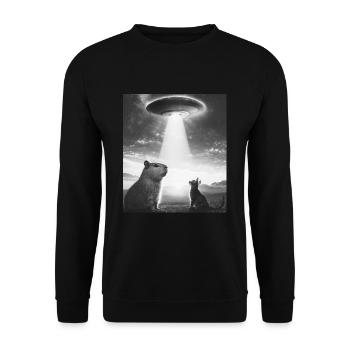 Lustiges Grafik-Capybara-Selfie mit UFOs Seltsam - Unisex Pullover - Schwarz - Vorne - Alina (178cm) & Michal (187cm)