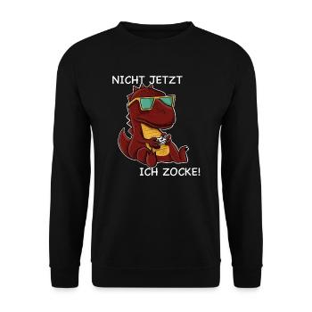 Nicht jetzt ich zocke cooles Gamer Dinosaurier - Unisex Pullover - Schwarz - Vorne - Alina (178cm) & Michal (187cm)
