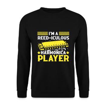 Mundharmonika Spieler und Mundharmonika - Unisex Pullover - Schwarz - Vorne - Alina (178cm) & Michal (187cm)