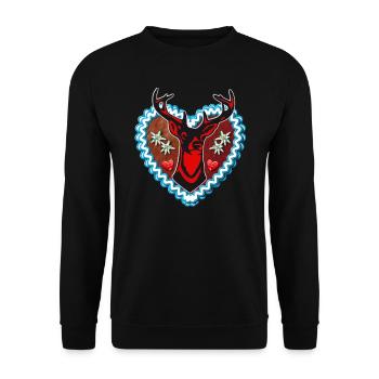 32 Lebkuchenherz Wiesn Hirsch Edelweiss Herzen - Unisex Pullover - Schwarz - Vorne - Alina (178cm) & Michal (187cm)