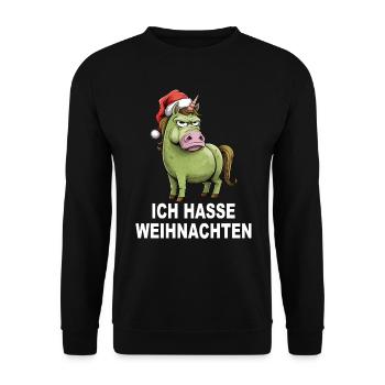 Weihnachtsmuffel Ich hasse Weihnachten Einhorn - Unisex Pullover - Schwarz - Vorne - Alina (178cm) & Michal (187cm)