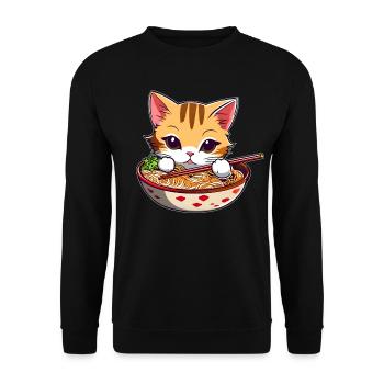 Niedliche Katze mit Ramen Suppe - Unisex Pullover - Schwarz - Vorne - Alina (178cm) & Michal (187cm)