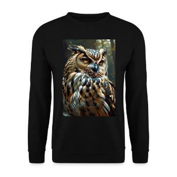 Eule / Uhu im Wald - Unisex Pullover - Schwarz - Vorne - Alina (178cm) & Michal (187cm)