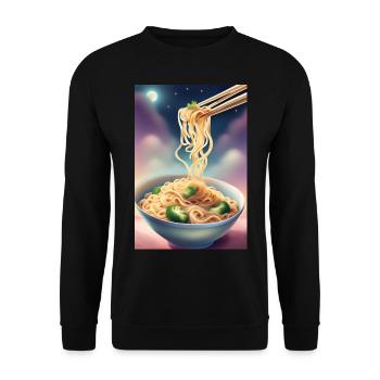 A nightly snack: bowl of noodles with broccoli - Unisex Sweatshirt - black - Front - Alina (178cm) & Michal (187cm)