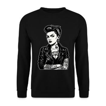 Rockabilly Pin-Up: 50s Outlaw Girl mit Tattoos - Unisex Pullover - Schwarz - Vorne - Alina (178cm) & Michal (187cm)