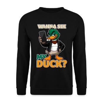 Wanna See My Duck? Funny Mallard Pun - Unisex Sweatshirt - black - Front - Alina (178cm) & Michal (187cm)