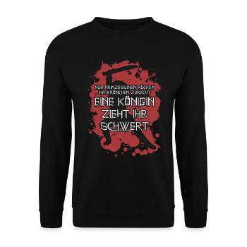 Königin mit Schwert Krone Spruch - Unisex Pullover - Schwarz - Vorne - Alina (178cm) & Michal (187cm)