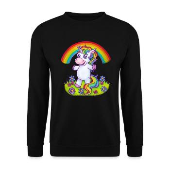 Niedliches Einhorn mit Regenbogen auf Blumenwiese - Unisex Pullover - Schwarz - Vorne - Alina (178cm) & Michal (187cm)