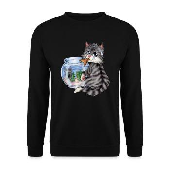 Niedliche Katze Klaut Fisch Fischen Geschenk - Unisex Pullover - Schwarz - Vorne - Alina (178cm) & Michal (187cm)