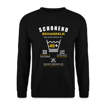 40 Geburtstag Schonend Behandeln Das Gute Stück - Unisex Pullover - Schwarz - Vorne - Alina (178cm) & Michal (187cm)