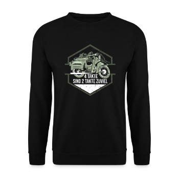 Ostalgie Schwalbe Simson Suhl -zwei takte zu viel - Unisex Pullover - Schwarz - Vorne - Alina (178cm) & Michal (187cm)