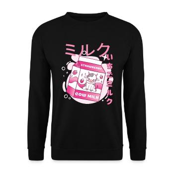Kawaii Erdbeer Kuh Milch Strawberry Vaporwave - Unisex Pullover - Schwarz - Vorne - Alina (178cm) & Michal (187cm)