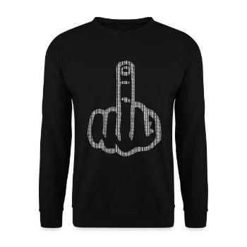 Background text: "Fuck you" stink finger - Unisex Sweatshirt - black - Front - Alina (178cm) & Michal (187cm)