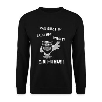 Was sitzt im Baum und winkt? - Unisex Pullover - Schwarz - Vorne - Alina (178cm) & Michal (187cm)