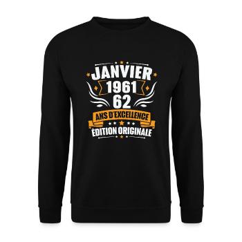 Vintage Cadeau Janvier 1961, 62 Ans Anniversaire - Sweat-shirt Unisexe - noir - Devant - Alina (178cm) & Michal (187cm)