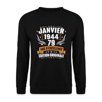Jahrgangsgeschenk Januar 1944, 79-jähriges Jubiläum - Unisex Pullover - Schwarz - Vorne - Alina (178cm) & Michal (187cm)