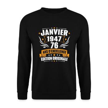 Vintage Cadeau Janvier 1947, 76 Ans Anniversaire - Sweat-shirt Unisexe - noir - Devant - Alina (178cm) & Michal (187cm)