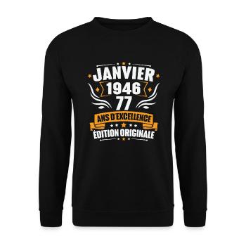 Vintage Cadeau Janvier 1946, 77 Ans Anniversaire - Sweat-shirt Unisexe - noir - Devant - Alina (178cm) & Michal (187cm)