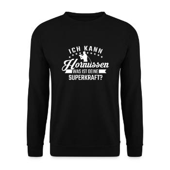 Ich kann Hornussen Superkraft - Unisex Pullover - Schwarz - Vorne - Alina (178cm) & Michal (187cm)
