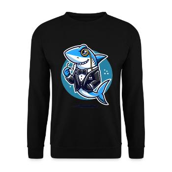 Edler Hai im Smoking-Vektor-Design - Unisex Pullover - Schwarz - Vorne - Alina (178cm) & Michal (187cm)