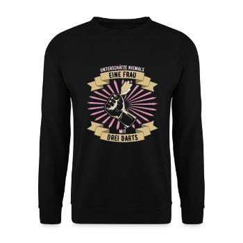 DARTS FRAU - Unterschätze niemals - Unisex Pullover - Schwarz - Vorne - Alina (178cm) & Michal (187cm)