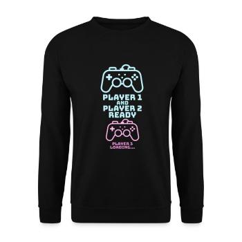 Player 1 2 Gamer Geburt Baby Konsole Geschenk - Unisex Pullover - Schwarz - Vorne - Alina (178cm) & Michal (187cm)