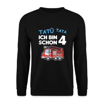 Ich bin schon 4 | 4. Geburtstag Feuerwehr Jungen - Unisex Pullover - Schwarz - Vorne - Alina (178cm) & Michal (187cm)