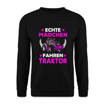 Echte Mädchen Fahren Traktor | Landwirt Sprüche - Unisex Pullover - Schwarz - Vorne - Alina (178cm) & Michal (187cm)