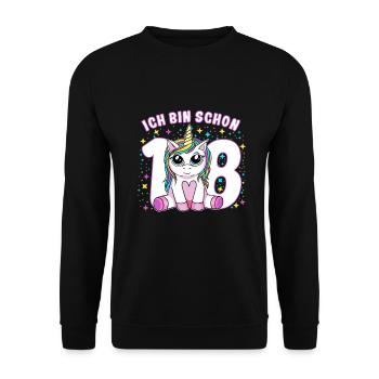 Kinder Geburtstagsshirt 18. Geburtstag Einhorn - Unisex Pullover - Schwarz - Vorne - Alina (178cm) & Michal (187cm)