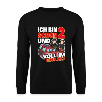 Ich bin schon 2 | 2. Geburtstag Feuerwehr Jungen - Unisex Pullover - Schwarz - Vorne - Alina (178cm) & Michal (187cm)