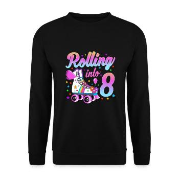 Kinder Geburtstagsshirt 8. Geburtstag Rollschuhe - Unisex Pullover - Schwarz - Vorne - Alina (178cm) & Michal (187cm)