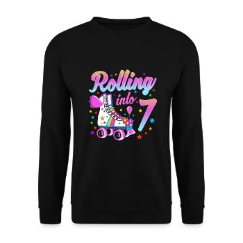 Kinder Geburtstagsshirt 7. Geburtstag Rollschuhe - Unisex Pullover - Schwarz - Vorne - Alina (178cm) & Michal (187cm)