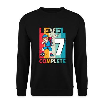 Ich bin schon 7 | 7. Geburtstag Jungen Fussball - Unisex Pullover - Schwarz - Vorne - Alina (178cm) & Michal (187cm)