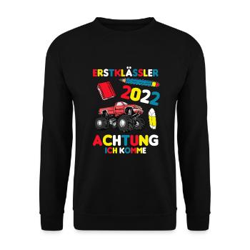 Erstklässler 2022 | Monster Truck Schulkind - Unisex Pullover - Schwarz - Vorne - Alina (178cm) & Michal (187cm)