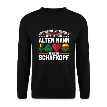 Unterschätze niemals einen alten Mann Schafkopf - Unisex Pullover - Schwarz - Vorne - Alina (178cm) & Michal (187cm)