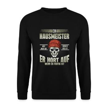 Hausmeister hört auf wenn er fertig ist - Unisex Pullover - Schwarz - Vorne - Alina (178cm) & Michal (187cm)