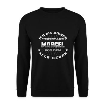 Legendärer Marcel lustiger vorname Name - Unisex Pullover - Schwarz - Vorne - Alina (178cm) & Michal (187cm)