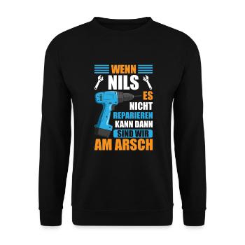 Nils Vorname Name Geburtstag Reparieren - Unisex Pullover - Schwarz - Vorne - Alina (178cm) & Michal (187cm)