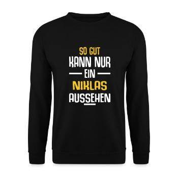 Niklas Vorname Name Geburtstag - Unisex Pullover - Schwarz - Vorne - Alina (178cm) & Michal (187cm)