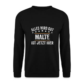 Malte Vorname Name Geburtstag - Unisex Pullover - Schwarz - Vorne - Alina (178cm) & Michal (187cm)